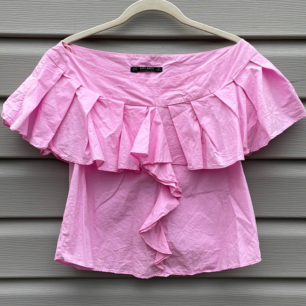 Zara Pink Ruffle Off the Shoulder Top